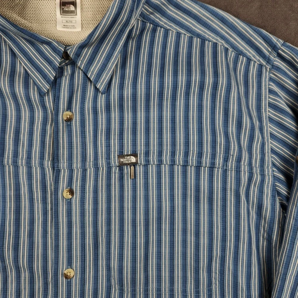 The North Face Shirt Mens XL Blue Striped Roll Tab Sleeve Button Up Modal Hiking